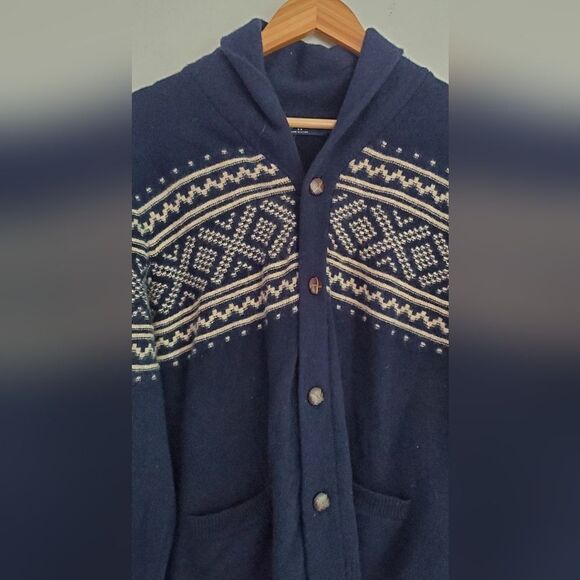 JCrew 100% Lambs Wool Navy Blue Patterned Men's Flawed Sweater Size XL - Picture 2 of 12